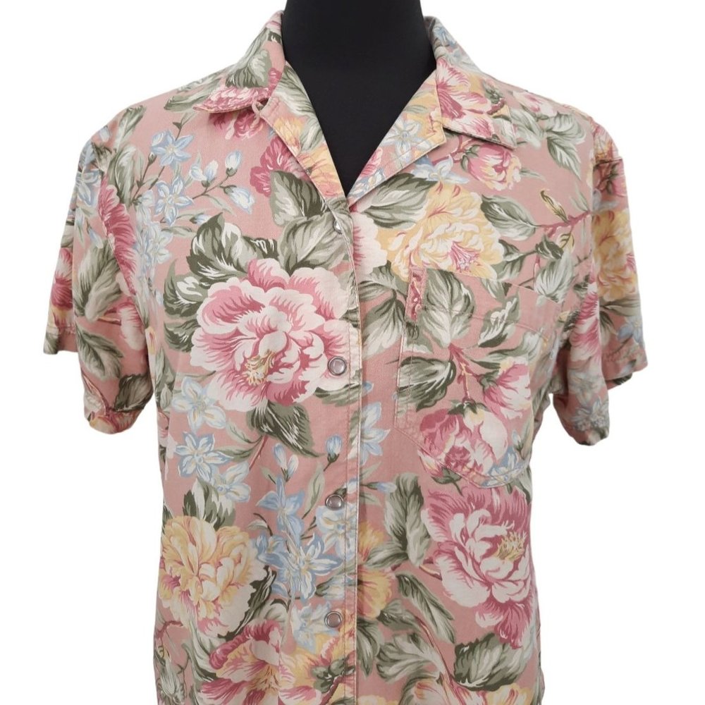 VTG 90s Lizwear Pink Floral Pearl Snap Shirt Size M Short Sleeves Cotton Yellow - Picture 3 of 8